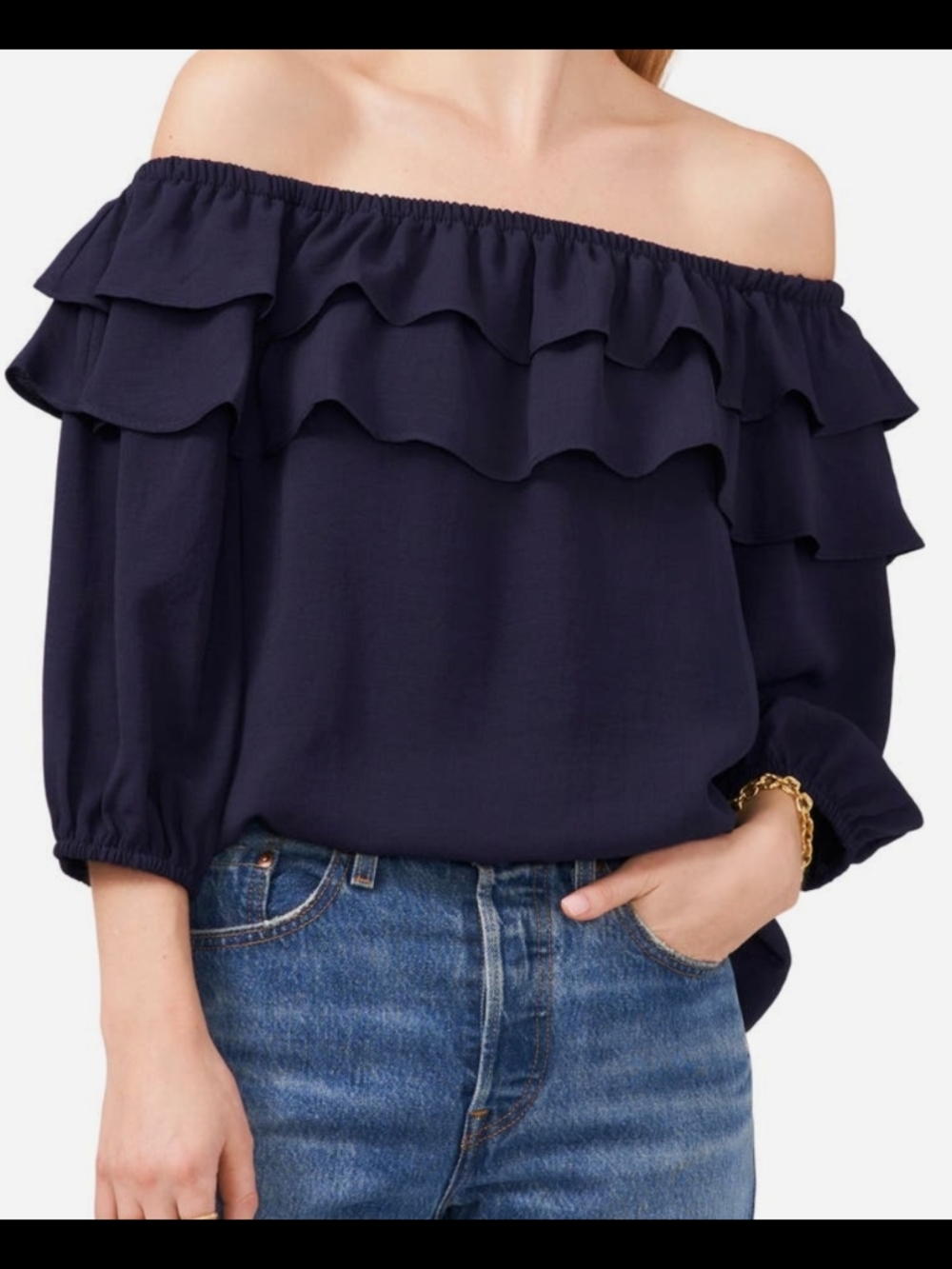 Vince Camuto Off-Shoulder Ruffle Women's Top in Navy XS